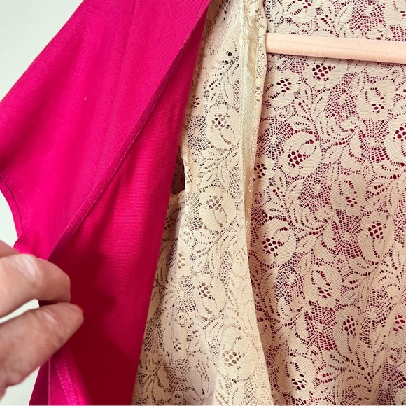 Vintage Pink V Neck Button Front Midi 100% Linen Dress Lace Slip Lining Large - Picture 11 of 15